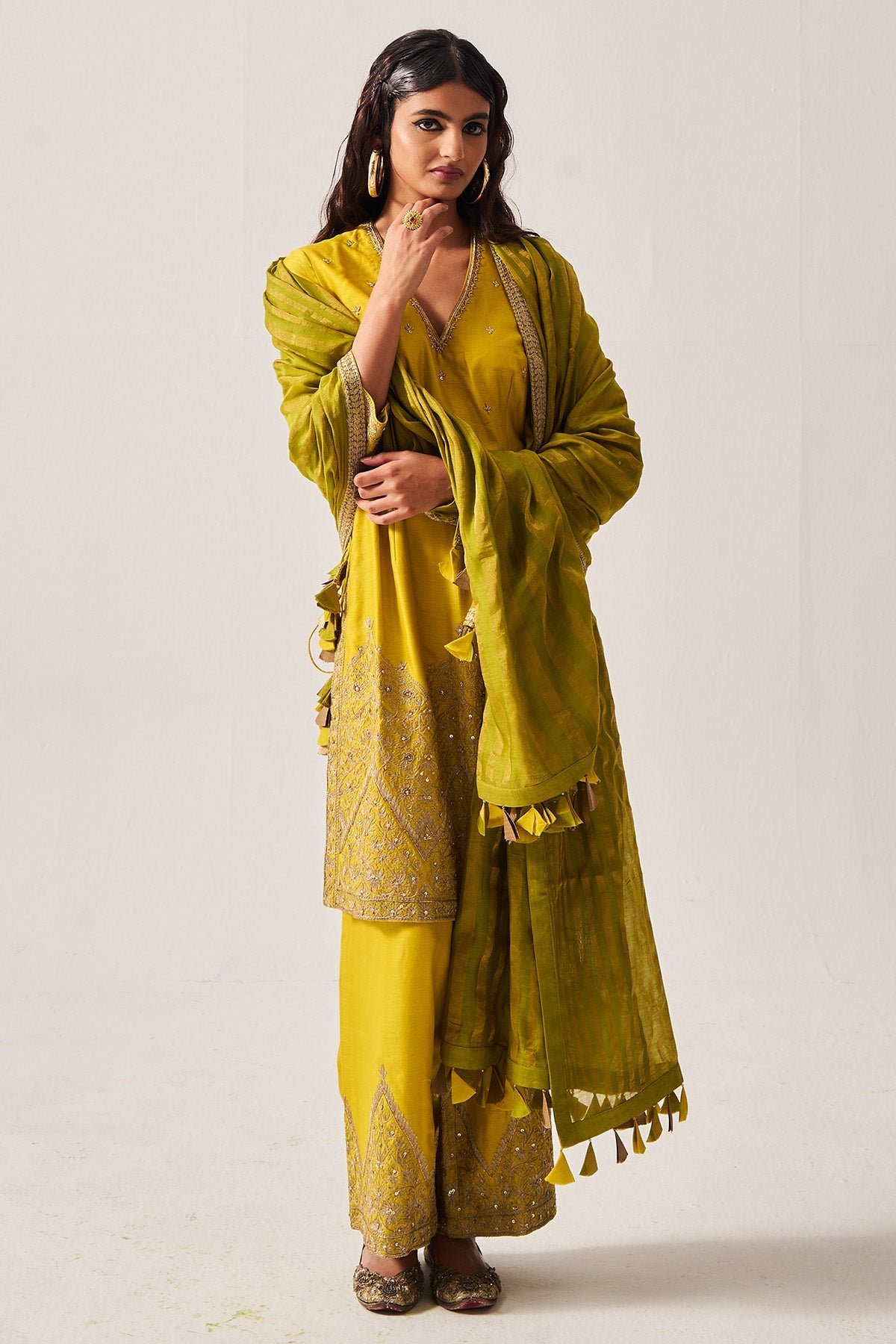 Buy Mustard Chanderi Kurta & Pants for Women by WABI SABI available online at ScrollnShops